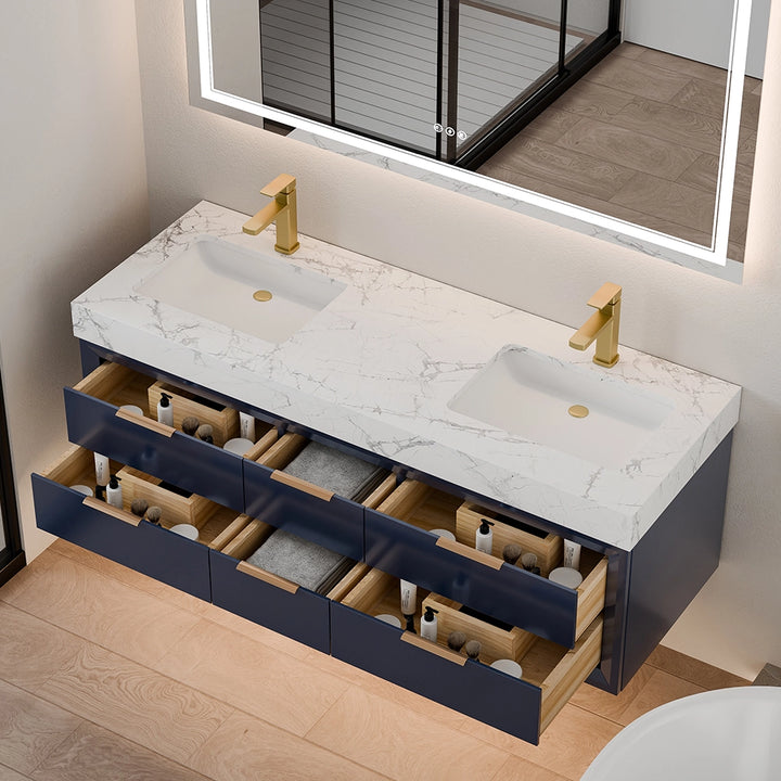 60 inch blue solid wood floating vanity with open storage drawers