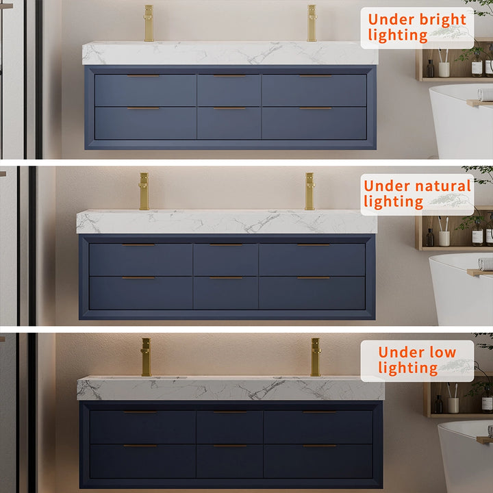 60 inch blue vanity color under bright natural and low lighting