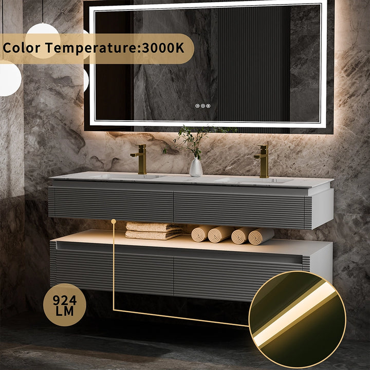 60 inch floating bathroom vanity in gray with double sink design