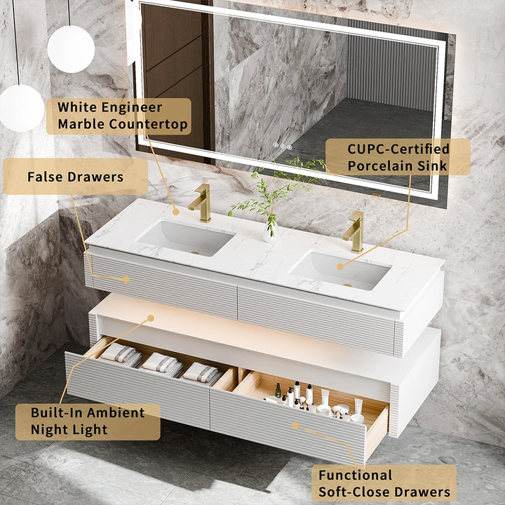 60 inch white floating bathroom vanity with drawers and marble top
