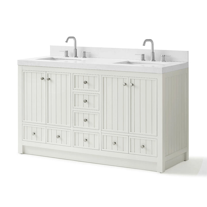 60 inch white bathroom freestanding vanities angled view