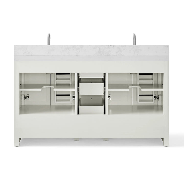 60 inch white bathroom freestanding vanities back interior view