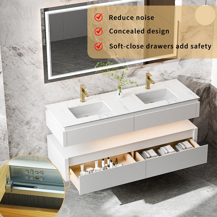 60 inch white floating bathroom vanity with double sink and storage