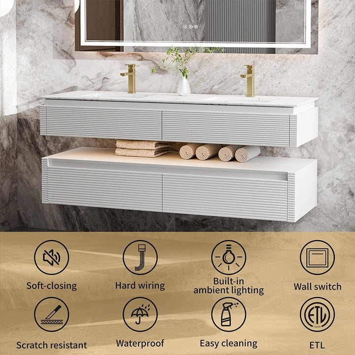 60 inch white floating bathroom vanity with soft-close and lighting