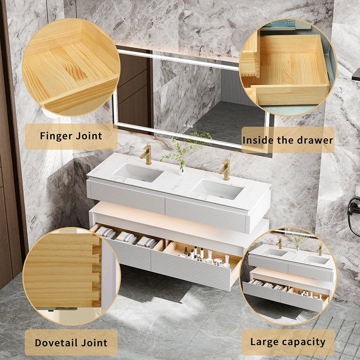 60 inch white floating bathroom vanity with drawer storage details