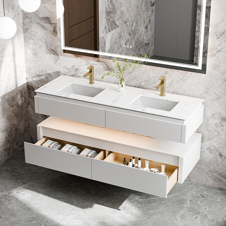 60 inch white floating bathroom vanity with drawers and shelf