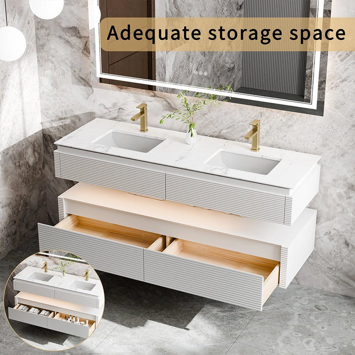60 inch white floating bathroom vanity with open storage drawers