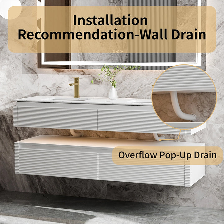 60 inch white floating bathroom vanity with double sink and storage