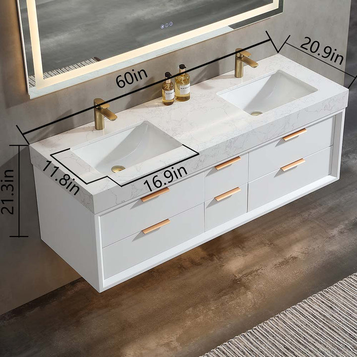 60x21 led white floating bathroom vanity size specifications