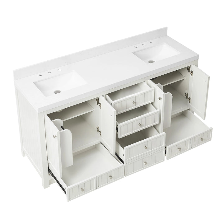 72 inch bathroom freestanding vanity with all doors and drawers open