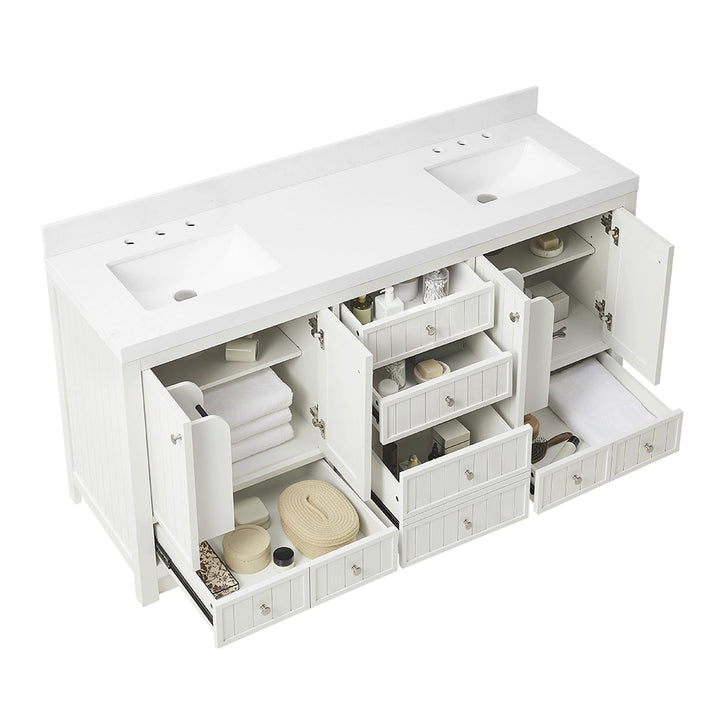 72 inch bathroom freestanding vanity with open storage drawers