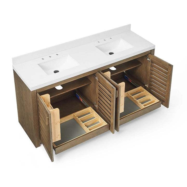 72 inch dark brown bathroom freestanding vanity double drawer open