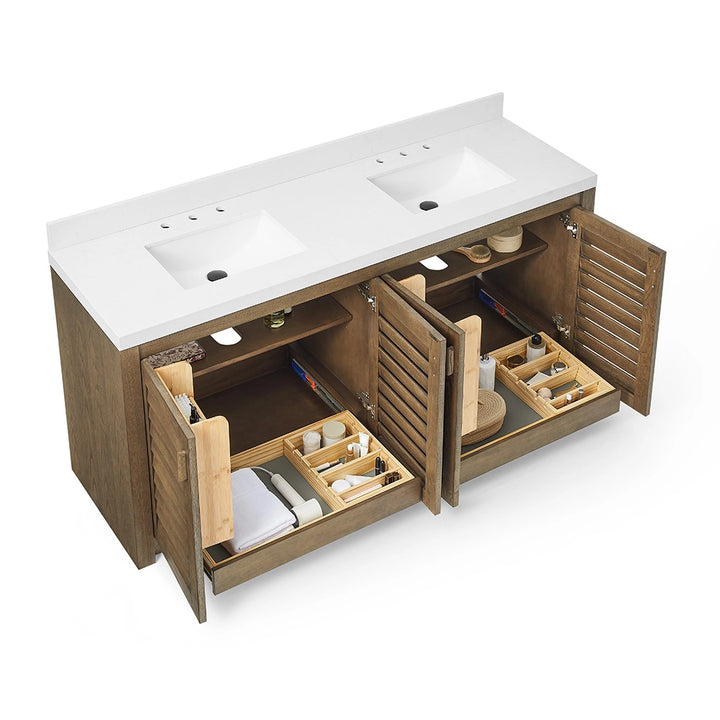 72 inch dark brown bathroom freestanding vanity open storage view