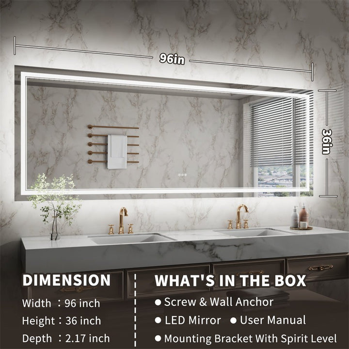 96x36 inch LED bathroom mirror with lights and wall mount kit