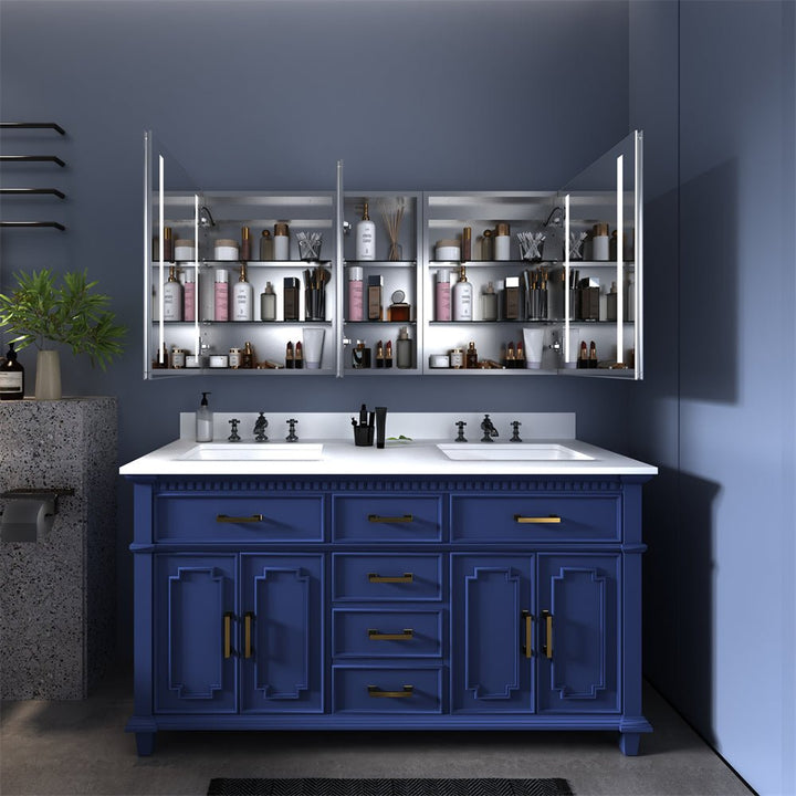 Double-door medicine cabinet above a bathroom vanity with organized shelves