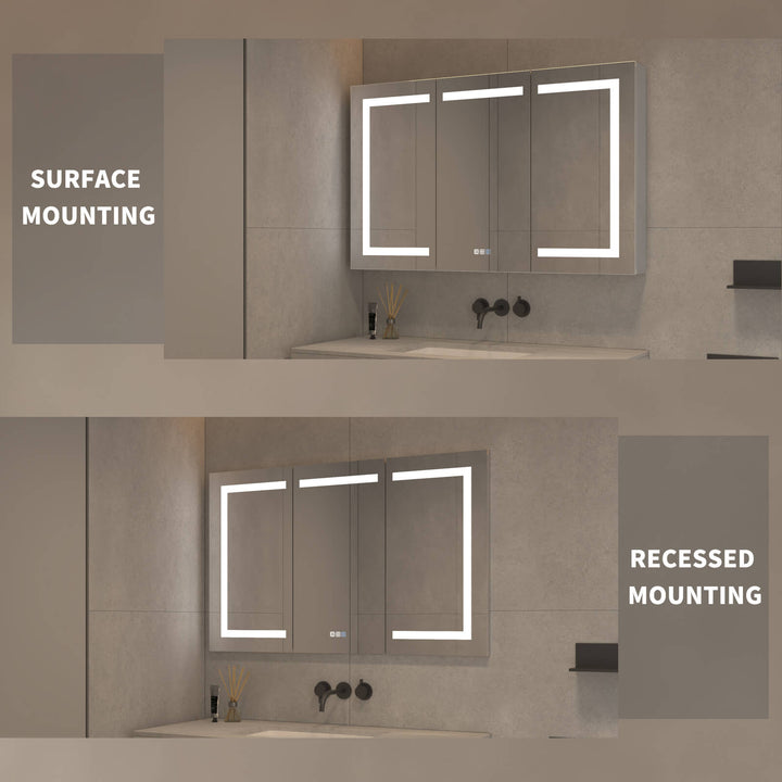 LED bathroom mirror with surface and recessed mounting options