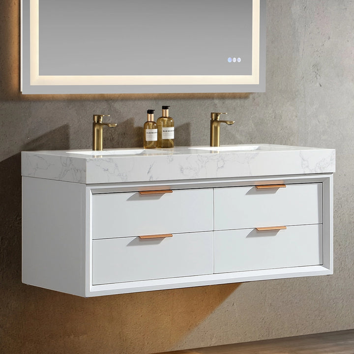 48 inch white floating bath vanity double sink angle view