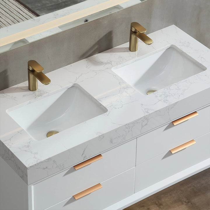 48 inch white floating bath vanity double sink close up view