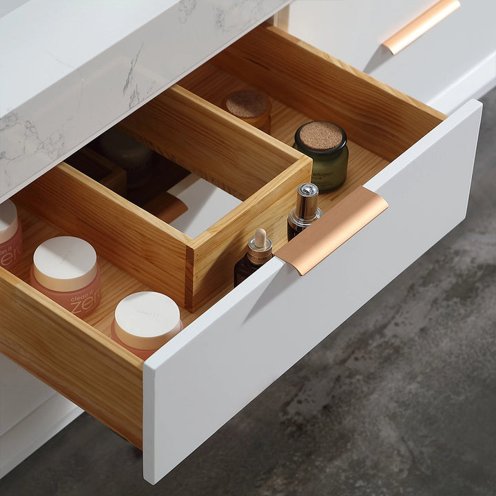 48 inch white floating bath vanity double sink drawer close up