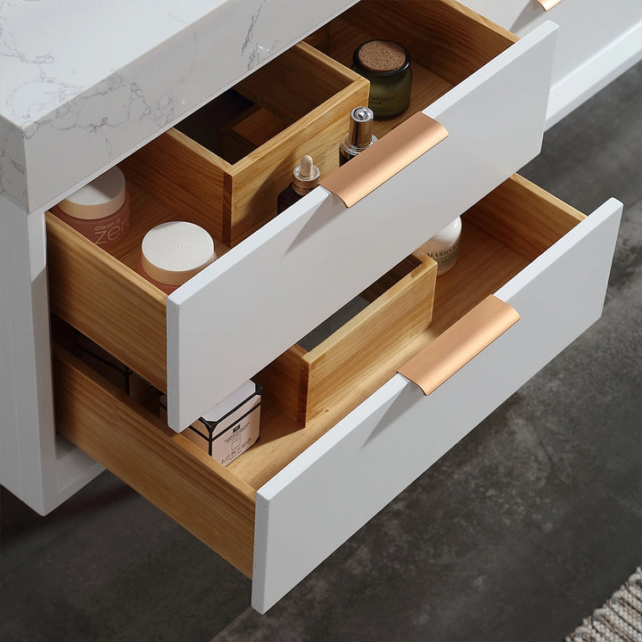 48 inch white floating bath vanity double sink drawer detail