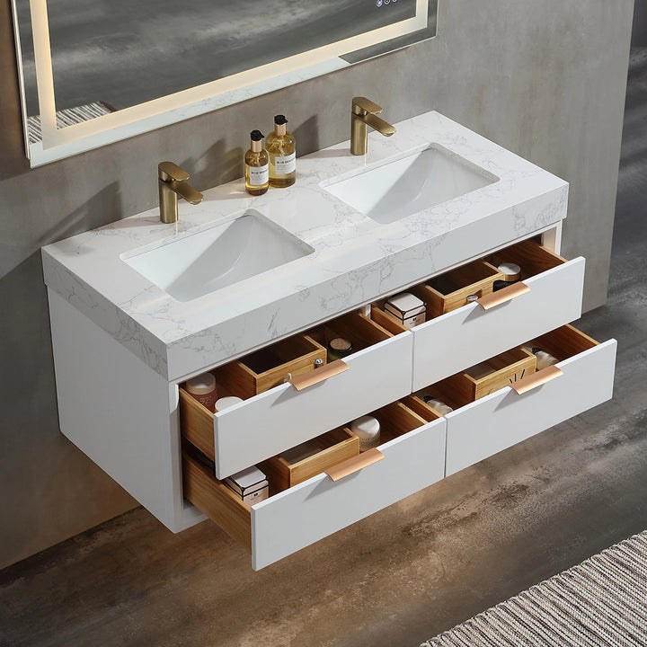 48 inch white floating bath vanity double sink open drawers view