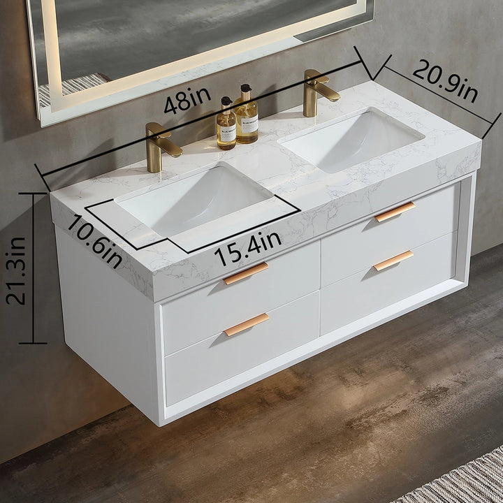 48 inch white floating bath vanity double sink size details
