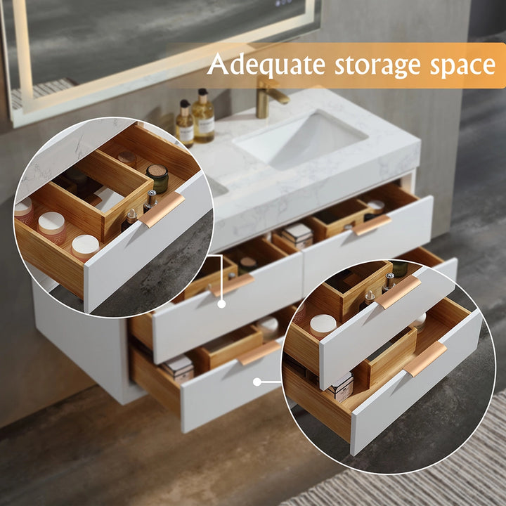 48 inch white floating bath vanity double sink with storage drawers