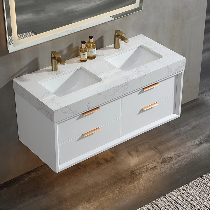 48 inch white floating bath vanity double sink top angle view