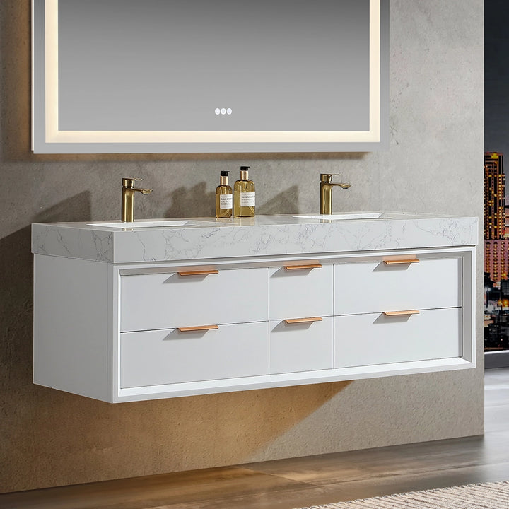 Front view of 60 inch white floating bath vanity with double sink