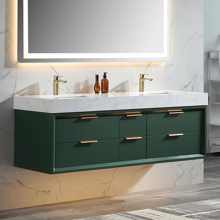 60 inch green floating bath vanity double sink angle view