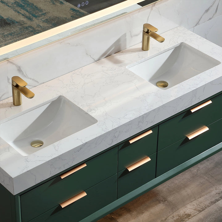 60 inch green floating bath vanity double sink countertop view