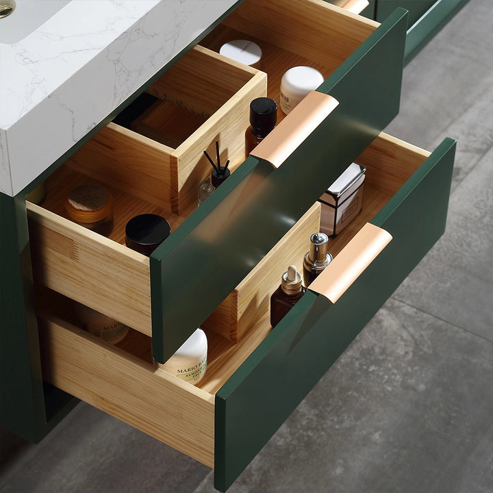 60 inch green floating bath vanity double sink drawer detail