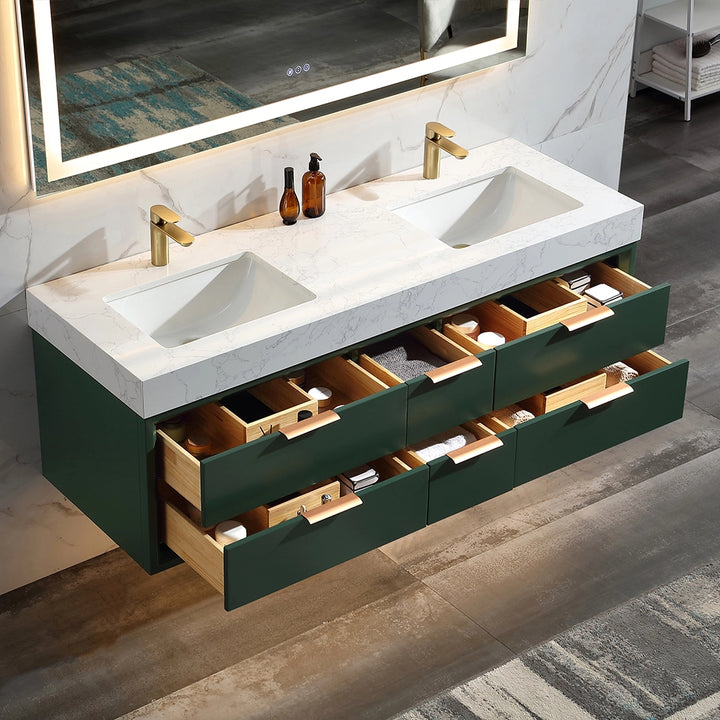 60 inch green floating bath vanity double sink open drawers view