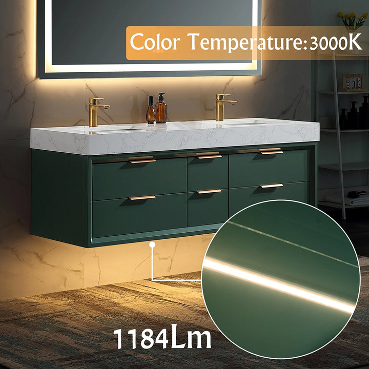 60 inch green floating bath vanity double sink with LED light