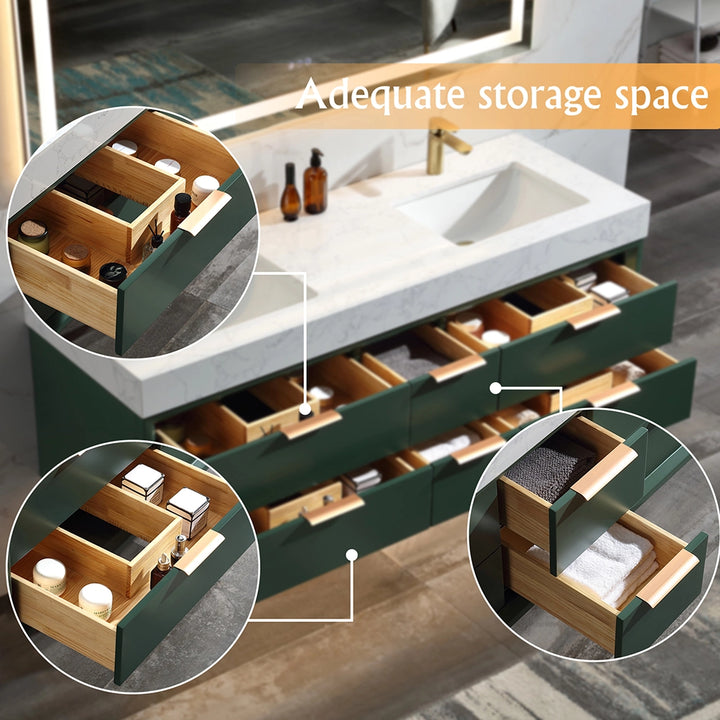 60 inch green floating bath vanity double sink with storage drawers