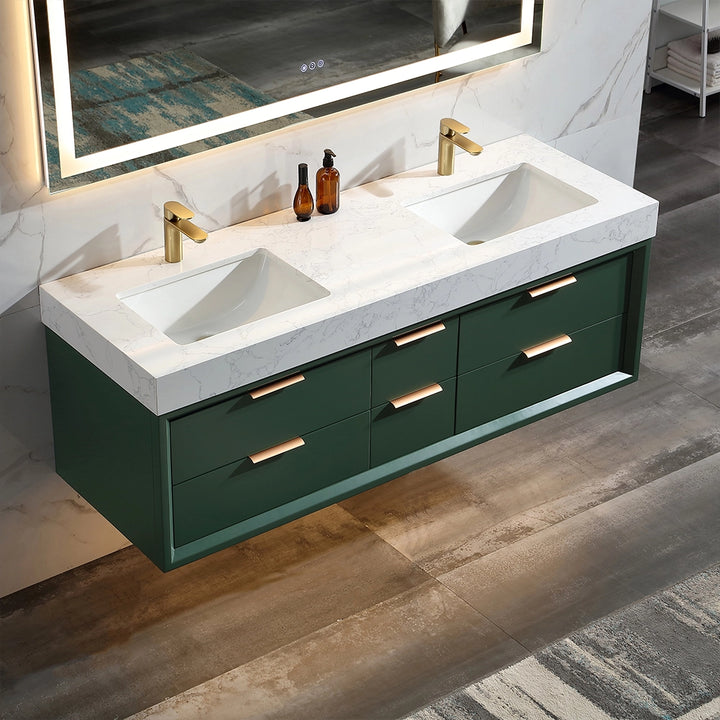 60 inch green floating bath vanity double sink top angle view