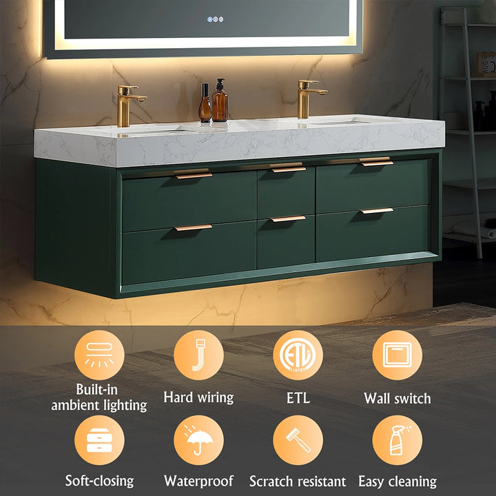 60 inch green floating bath vanity ETL waterproof lighting features