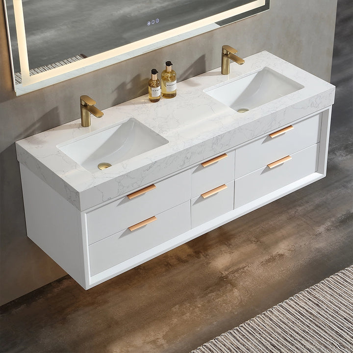 Angled view of 60 inch white floating bath vanity with double sink