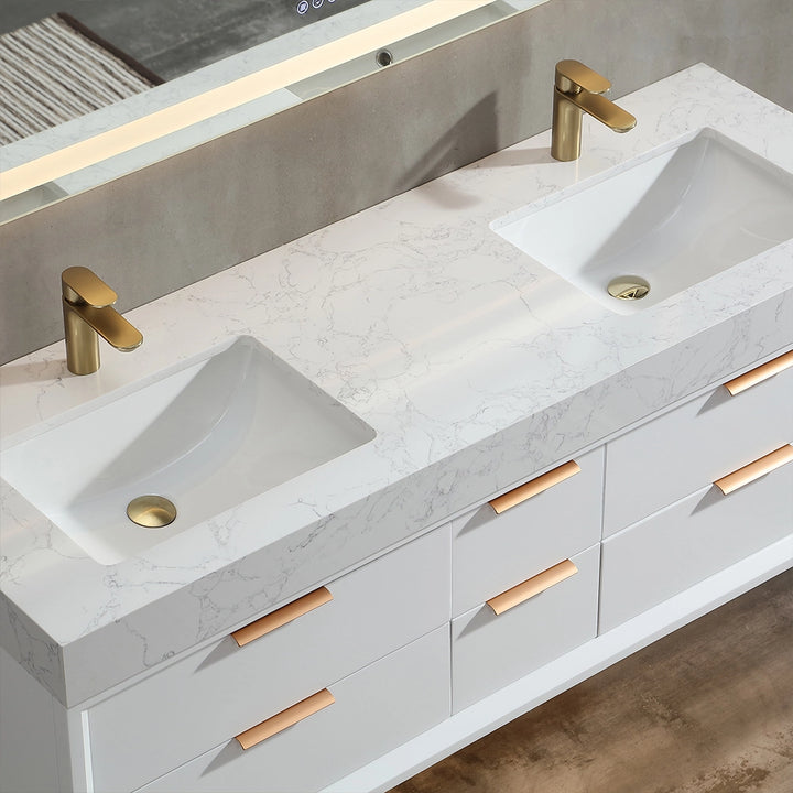 60 inch white floating bath vanity double sink marble countertop