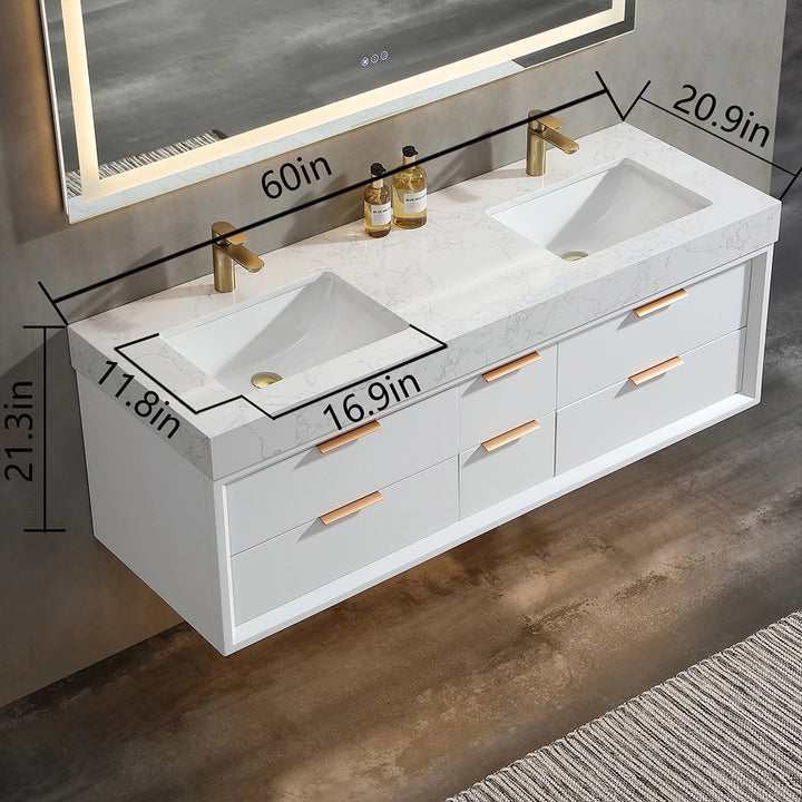 60 inch white floating bath vanity double sink size dimensions