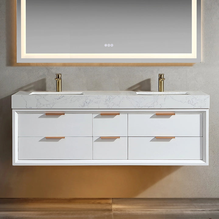 Front view of 60 inch white floating bath vanity with double sink
