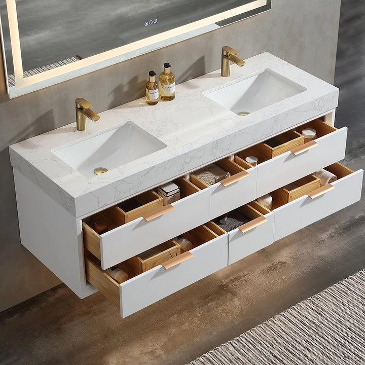 60 inch white floating bath vanity double sink with open drawers