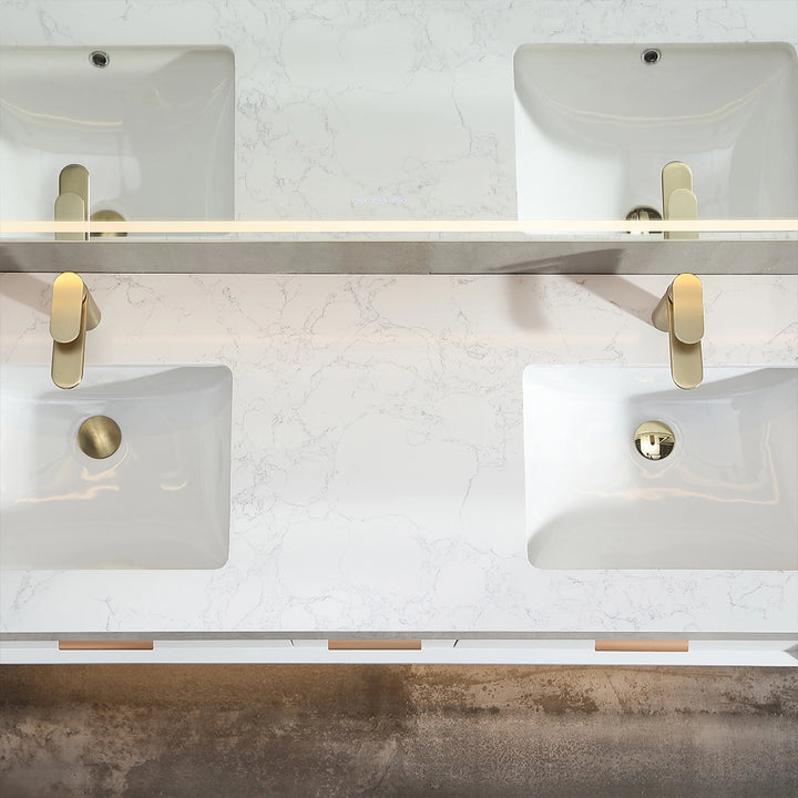 Top view of 60 inch white floating bath vanity with double sink