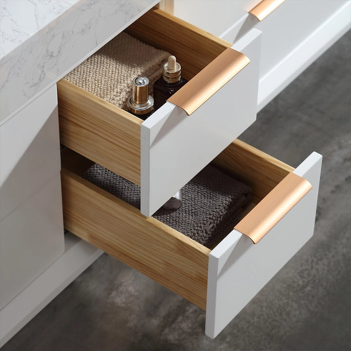 Detail view of 60 inch white floating bath vanity storage drawers