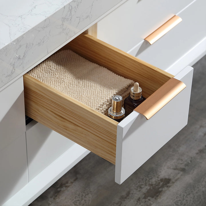 Open drawer detail of 60 inch white floating bath vanity