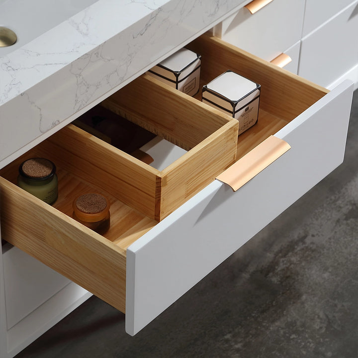 Drawer organizer detail of 60 inch white floating bath vanity