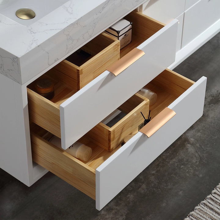 Storage drawer detail of 60 inch white floating bath vanity