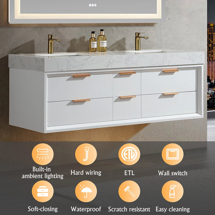 60 inch white floating bath vanity with ETL lighting and features icons