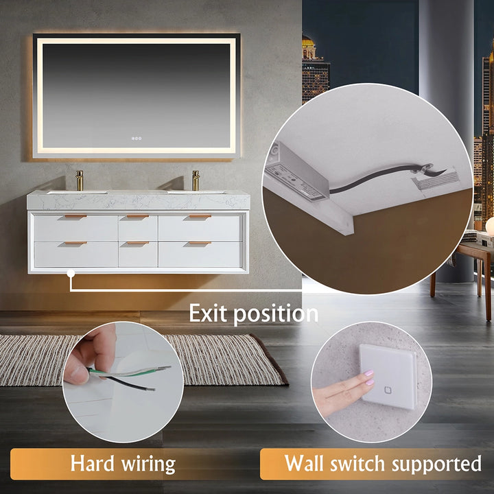 Hardwire and wall switch exit position for 60 inch white floating vanity