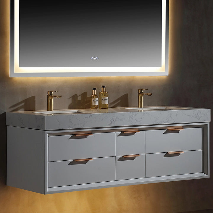 Front view of 60 inch white floating bath vanity with LED mirror
